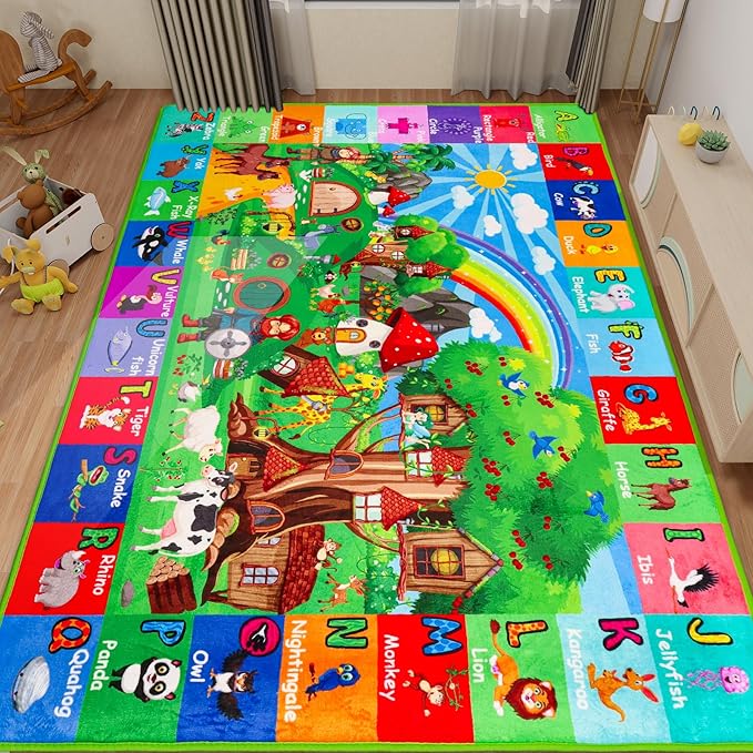 ABC Kids Rug for Playroom 59"×39.4" Hobbit House Educational Kids Playmat Alphabet Animal & Shape Learning, Premium Non-Slip Playmat for Toddlers Letters Farm Animals Color Classroom Carpet
