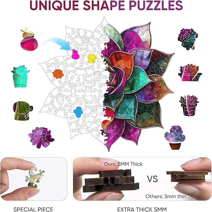 Colorful Succulent Puzzles for Adults, Wooden Puzzles 200 Pieces, 5MM Thick Unique Shaped Flower Jigsaw Puzzles Birthday Gifts for Kids Family Game 11.1 * 11.2inch