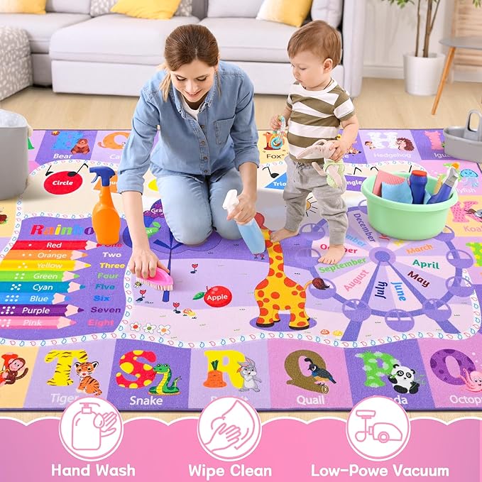 Chicrug Educational Kid Area Rug for Playroom, 7x10 TPR Non Slip Kids Classroom Carpet Rug for Learning ABC Animal Shape Color Washable Play Mat Rug for Children Nursery Toddler Room Decor