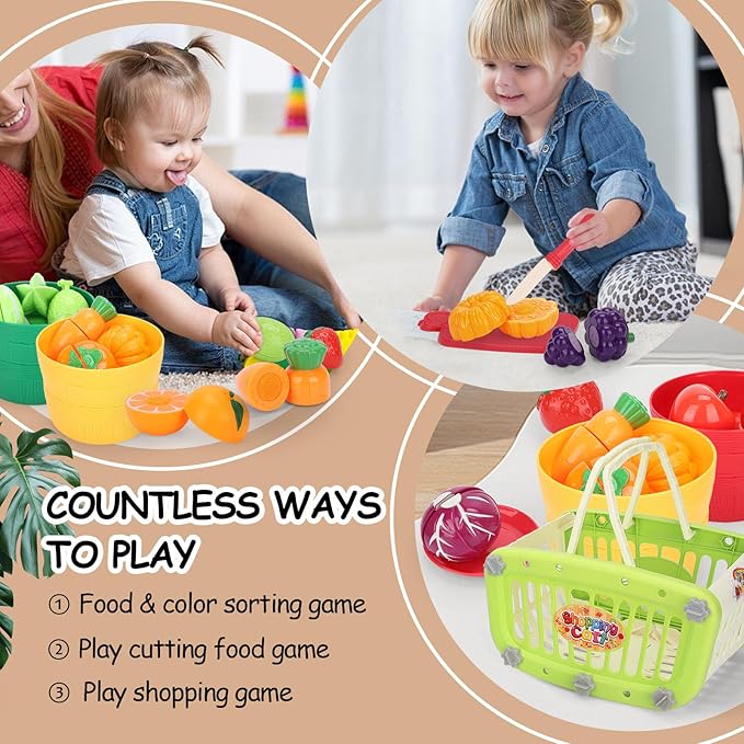 Kids Shopping Cart with Cutting Play Food Set for Kids Kitchen, 2 in 1 Shopping Cart for Kids Grocery Store Pretend Play Kitchen Accessories Sorting Food Bucket Learning Toys Gift for Toddler 3-5