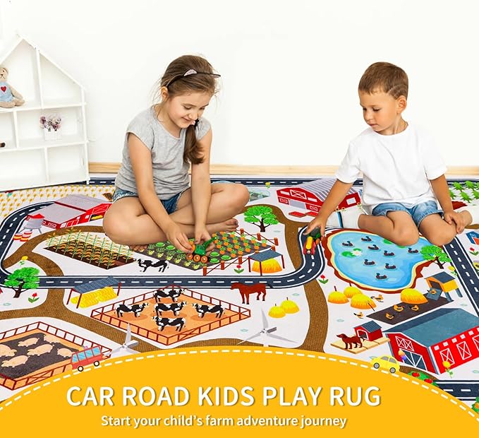 Kids Rug Play Mat for Toy Cars, 59"×78.7" Farm Life Road Traffic for Playroom Kids Car Road Rugs Village Map Play Mat Non-Slip Washable Play Rug for Toddlers Boys Room Family Tummy Time Playtime White