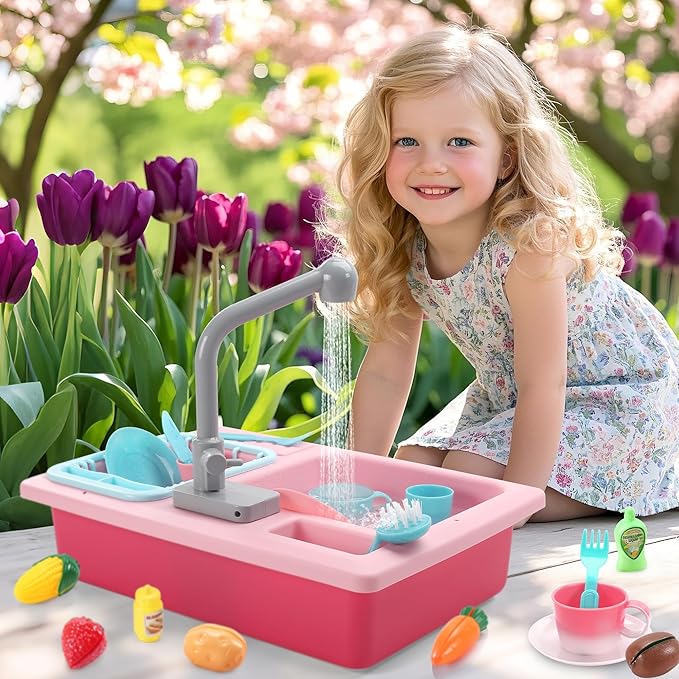 CUTE STONE Color Changing Play Kitchen Sink Toys, Children Electric Dishwasher Playing Toy with Running Water,Upgraded Real Faucet and Play Dishes,Pretend Role Play Toys for Kids Boys Girls