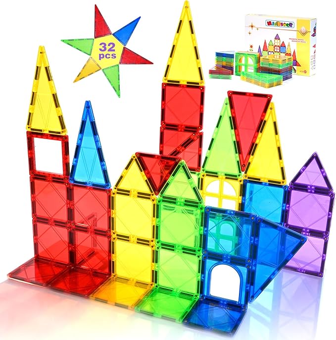 Magnetic Tiles Toys for Kids Preschool Learning, Magnetic Blocks Sensory Montessori Toys Set All Pieces with Magnets, Ideal STEM Educational Construction Gifts for 3+ Year Old Boys and Girls 32PCS