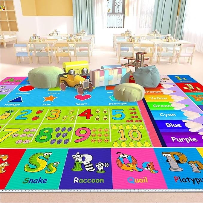 Kids Alphabet Play Game Rug - 6'x9' ABC Numbers and Shapes Educational Learning Toddler Carpet - Kids Room Playroom Classroom Kindergarten Activity Fun Soft Non-Slip Mat