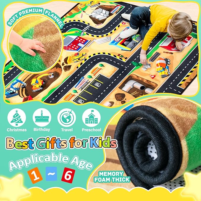 Kids Rug Construction Site Play Rug, 4x6 Ft Area Rug, Tufted Wool & Rubber, Non-Slip, Stain & Fade Resistant, Machine Washable, Rustic Cartoon Construction Site Pattern