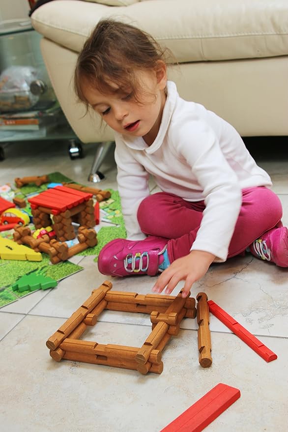 Wooden Logs Toys Farm Playset- Logs Building Set Farm House Wooden Construction Toys 207 Pieces for 3 4 5 6 Year olds