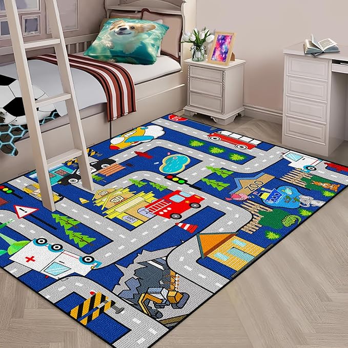 Car Rug Play Mat - Kids Play Rug for Playroom, Traffic City Life Road Rugs for Cars and Toys Car Mat Educational Game Carpet Toddler 2.5x4 Feet