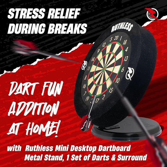 Ruthless Miniature Desk Top Dart Board Set for Home and Office - Includes Mini Steel Tip Darts, Choice of Surround and Mouse Mat