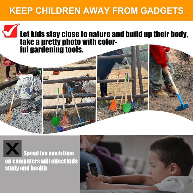 8PCS Kids Gardening Tools, Kids Rake and Shovel Set, Toddler Outdoor Yard Tools, Garden Toys Gifts for Boys Girls Age 3 4 5 6 7 8 Years Old