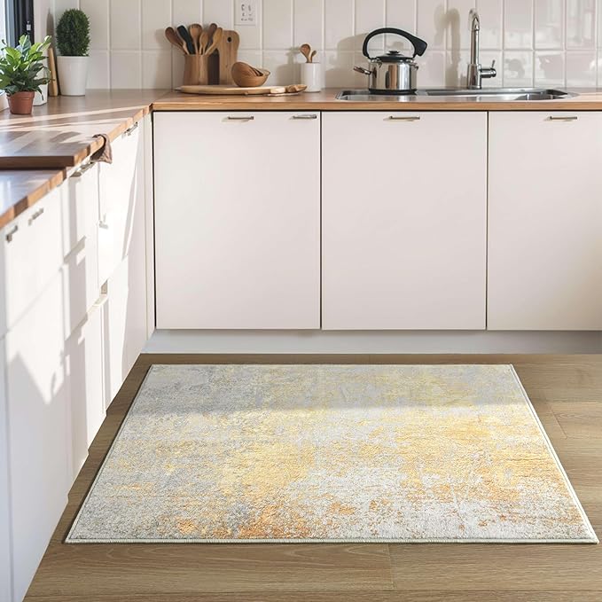 Entrance Rugs Indoor 2x3 Orange, Silver & Gray Entry Rug Washable Abstract Small Area Rug Non-Slip Low Pile Throw Rugs for Entryway, Kitchen Floor, Front Door Indoor Door Mat, Bedroom Bedside