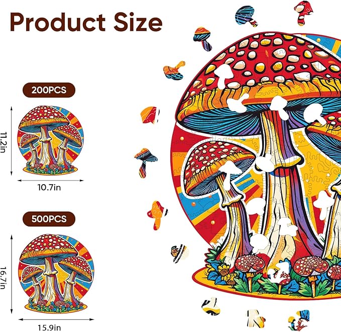 Mushroom Wooden Puzzles for Adults, 500 Piece Unique Shaped Wood Jigsaw Puzzles for Adults and Kids, Fun Challenging Puzzles Family Game Gift, 15.9'' x 16.7''