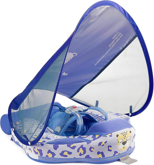 Mambobaby Float Add Tail Baby Swim Float with Canopy Solid Pool Infant Swim Trainer Swimming Training Lying Air Free Water Floats Non-Inflatable Waist Swim Ring for Toddlers (Leopard)
