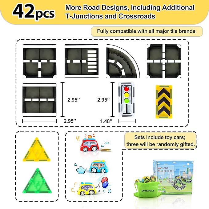 42pcs Magnetic Tiles Road, Magnetic Building Blocks City Construction Toys for 3+Year Old Boys & Girls, Montessori Toys for Toddler, STEM Learning Gifts