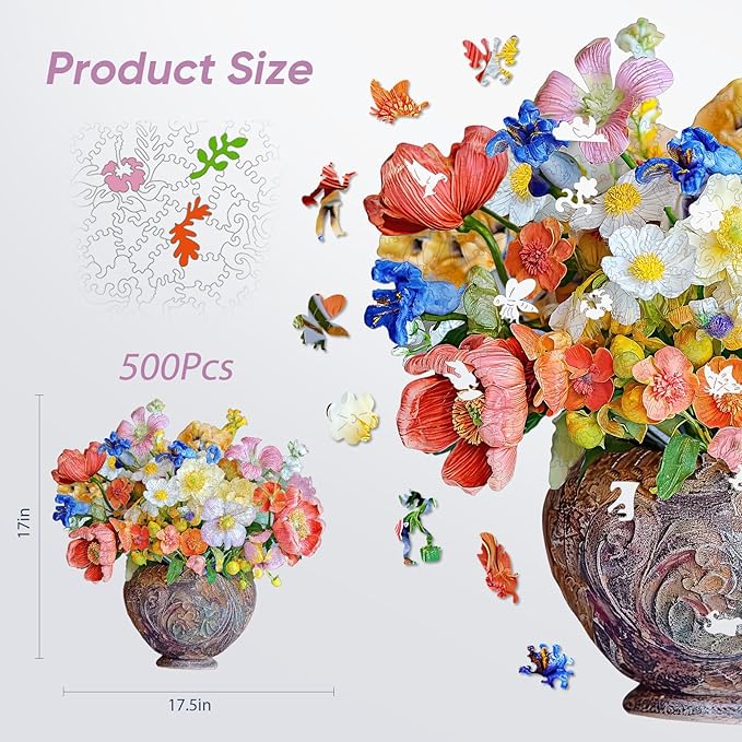 Flower Wooden Puzzles for Adults, 500 Pieces Vase Jigsaw Puzzles, Unique Shaped Medium Size Liberty Wood Puzzle Birthday Gift for Mom Adults and Kids, Family Game 17.5'' x 17''