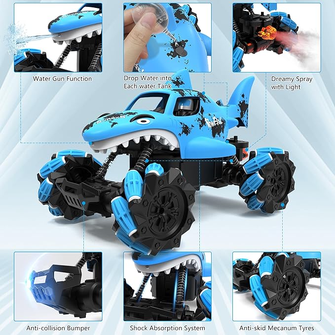 1:14 Shark Toy with Water Shooting Spray, Programming Remote Control Shark, Slides, 360-degree Rotations, Drifts, One-key Demo, Features Lights & Sounds, All Terrains Monster Truck for boys 5-7(Blue)