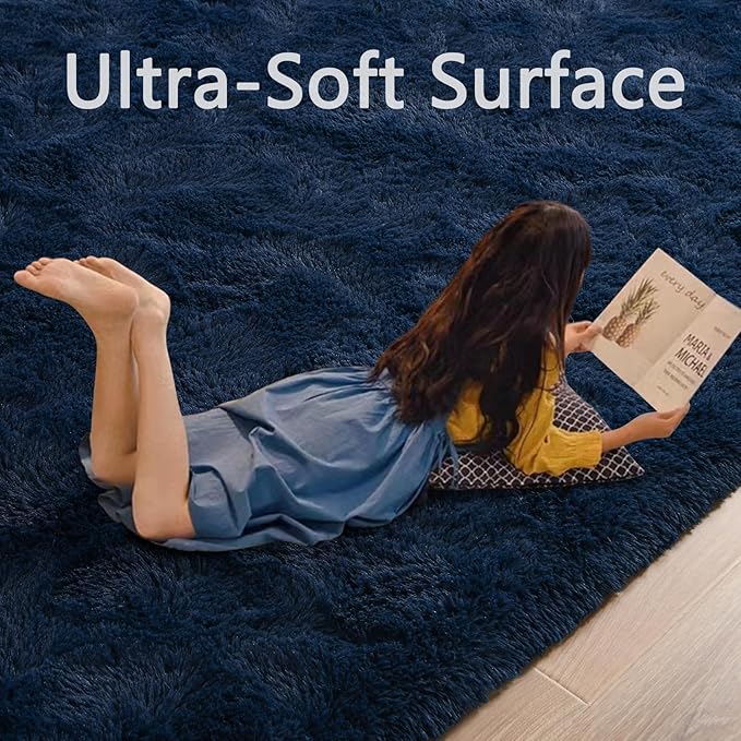 Nuttumico Large Fluffy Shag Area Rug for Living Room, 6x9 ft Navy Blue Fuzzy Plush Rugs for Kids Girls Boys Room, Nursery Dorm Room, Office, Luxury Home Decor