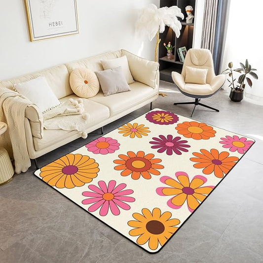 Colorful Groovy Flowers Area Rug 4x5 60S 70S Hippie Rug Cute Aesthetic Floral Carpet for Kids Girls Teen Women Multicolored Botanical Kawaii Decorative Non Shedding Decorative Rug
