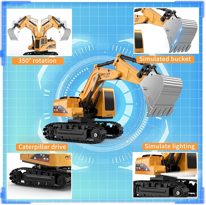 Remote Control Excavator and Dump Truck Toy Set - RC Construction Vehicles Toy with Barricades, Road Signs, Simulated Rocks, Lights and Sounds, Present for Toddlers 3-12 Year Boys Girls