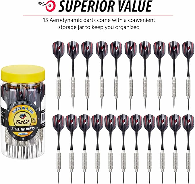 Fat Cat Darts Set in a Jar: Steel Tip Darts with Storage/Travel Container, 20 Grams (Pack of 15, 21 and 27 Darts)