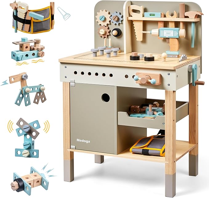 Kids Tool Bench,Wooden Play Tools Set with Kids Tool Belt Toddlers Workbench Pretend Construction Tools Set Wooden Toy Drill Gift for Boys & Girls Age 3-5