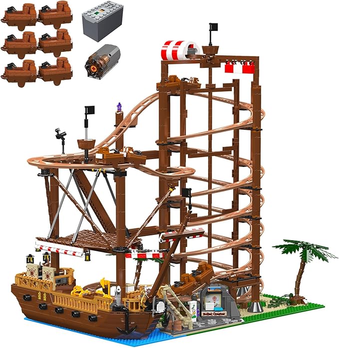 Roller-Coaster Building Set, Motorized Electric Pirate Ship Track, City Amusement Park Toy for Boy Girl Ages 6 7 8 9+, Birthday Gifts for Adult Kid Teen, Theme Construction Collection 2174pcs