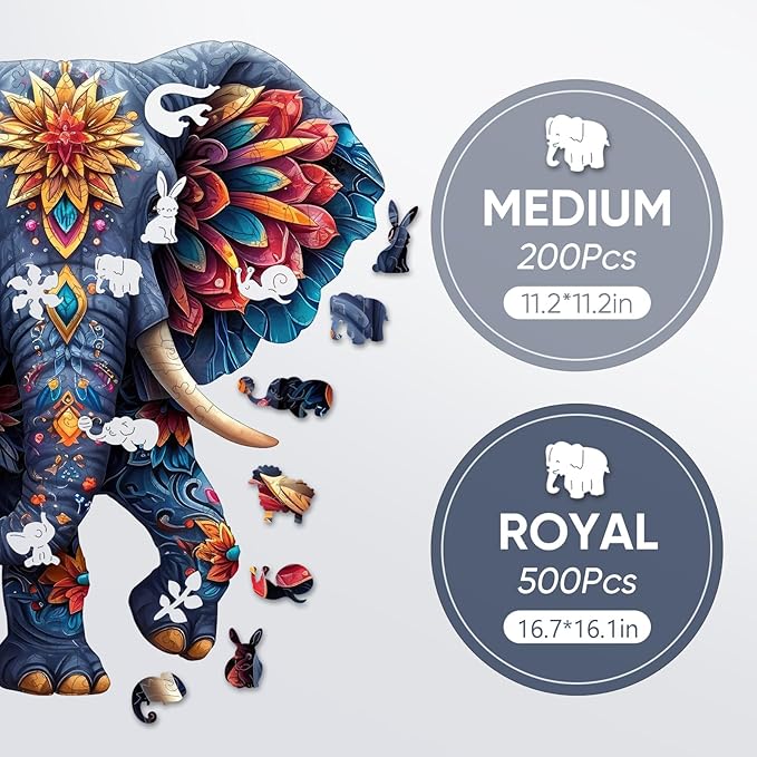 Elephant Wooden Puzzles for Adults, Jigsaw Puzzles 500 Pieces, Unique Shape Puzzles with Wooden Box, 16.7" x 16.1" Royal Size Family Game Gift, Fun Challenging Puzzles for Adults and Kids