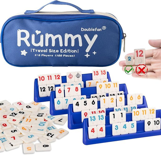 Doublefan Mini Rummy Cube Game, Mini Size Rummy Set with Portable Canvas Bag, Small Travel Board Game for Adult and Kids,160 Tiles, 6 Playing Rack, 1 Dice (2-6 Players)