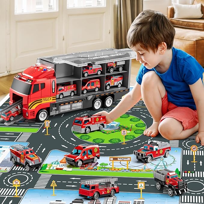 Toddler Boys Toys for 3-5 Years Old, Fire Truck Vehicle Toy Set with Play Mat, Die-Cast Toy Car Carrier Truck for Boys Kids, Birthday Gifts Toys for 3-8+ Year Old Boys