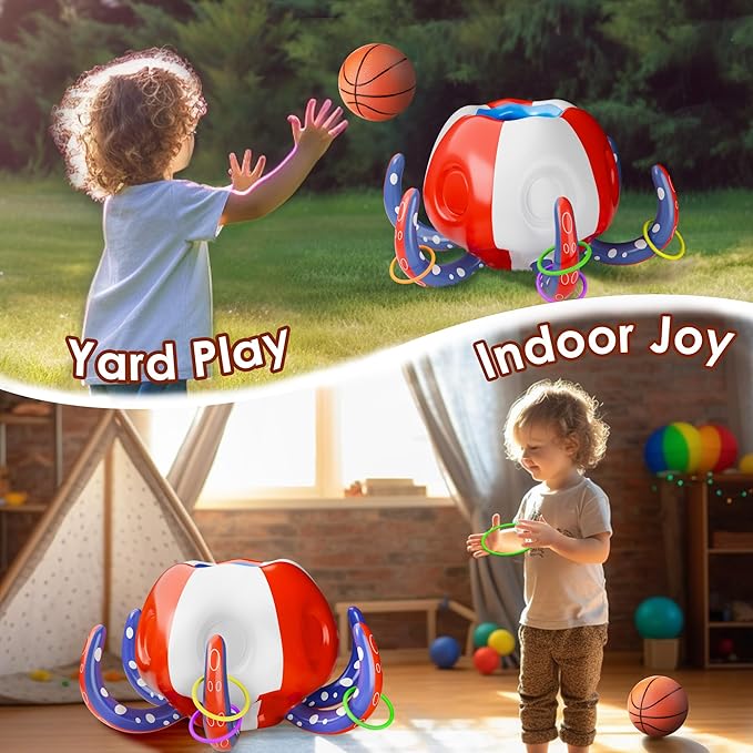 Pool Wave Kids Octopus Pool Toys, 2-in-1 Inflatable Float Water Game Basketball Hoop Ring Toss Outdoor Swimming Cool Summer Family Party Gift 3 4 5 6 7 8 Yr Old Boy Girl Child-Blue Red White
