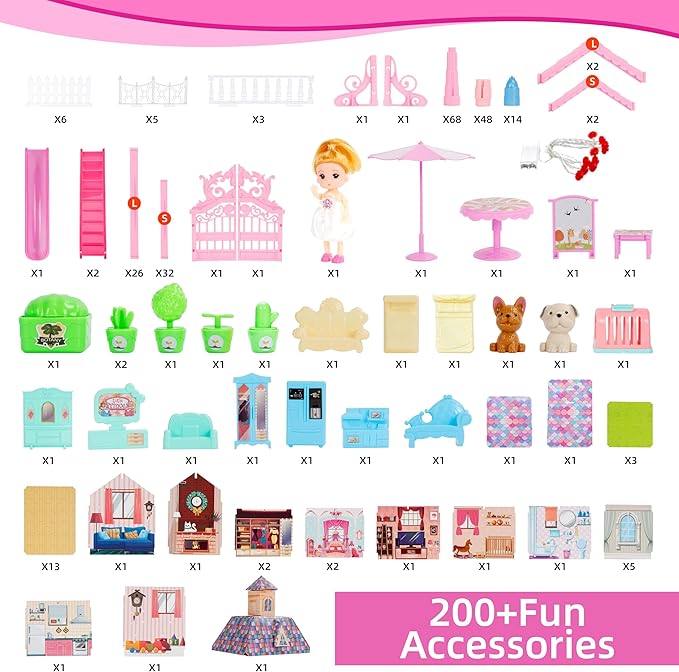 Doll House for Girls,13 Rooms Dollhouse with Dolls Figure, Puppies,Furnitures, Accessories, LED Light, Toddler Playhouse Gift for for 3 4 5 6 7 8 9 10 Year Old Girls Toys (Pink)