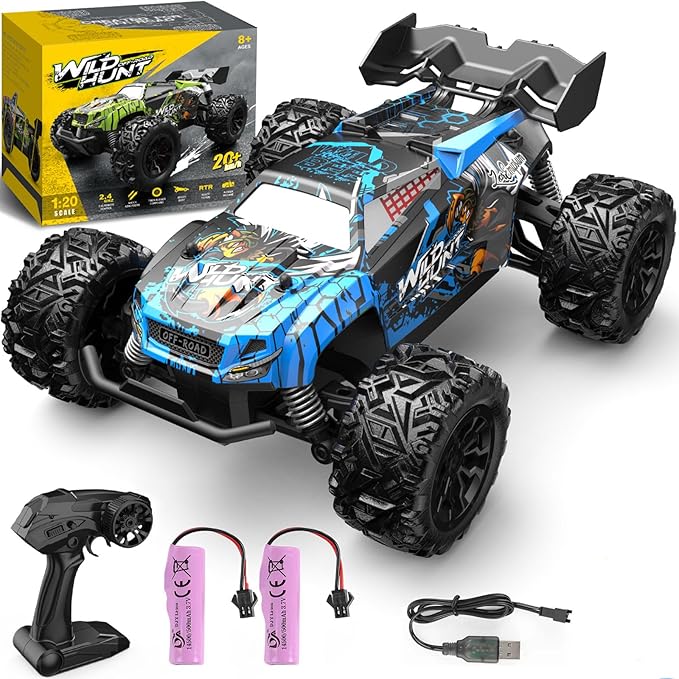 1/20 All Terrain RC Car, 20+KMH Monster Truck, 2.4Ghz Off-Road RC Vehicle with 2 Batteries, Suitable for Adults and Beginners, for Boys and Girls (Blue)