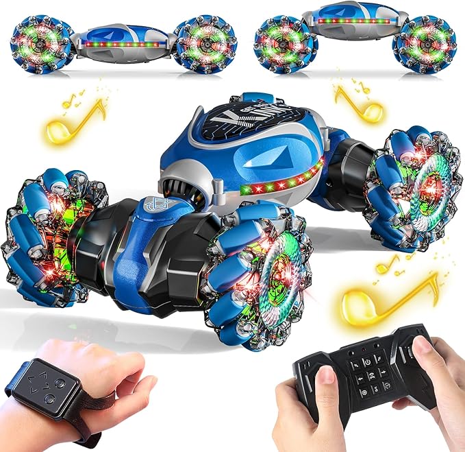 Remote Control Stunt Car, Gifts Toys for Boys 4-12 Year Old, Gesture Sensing RC Cars 2.4GHz 4WD Drift Hand Controlled Twist Cars, Off-Road 360° Rotating Transform Cars with Lights & Music