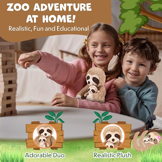 Mom and Baby Stuffed Animals for Boys & Girls, Safari Baby Shower Decorations, Nursery Decor, Zoo Animals for Toddlers, Quality Realistic Toys for Kids, Cute, Soft, Huggable, Squeezable (9.5" Sloth)