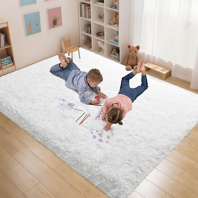 Cream White Fluffy Soft Living Room Bedroom Rug, 4x6 Area Rugs Super Soft Shaggy Carpet for Living Room Classroom Kids Playroom Toddler Nursery Dorm Home Decor, Modern Indoor Non Slip Rug