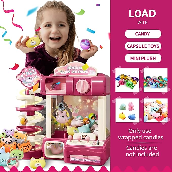 Large Claw Machine for Kids – Pink Dream Vending Machine Toy with Capsule Slide, Plush Toys, Lights & Music, Girls Claw Game Machine with USB & Coins, Birthday Gift for 6 7 9 10 12 Years Old