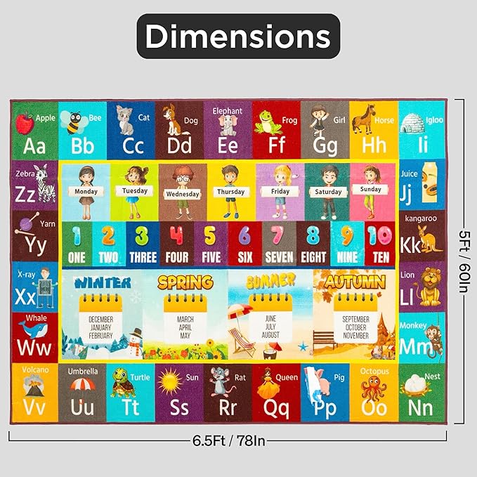 Educational Kids Rug – 78"x60" Foldable ABC Play Mat for Floor, Soft Non-Slip Baby Mat for Playroom, Nursery, Classroom