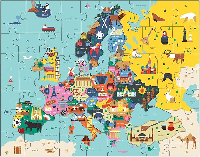 Mudpuppy Map Of Europe – 70 Piece Geography Puzzle with Country-Shaped Pieces and Iconic Landscapes Cultural Items And More