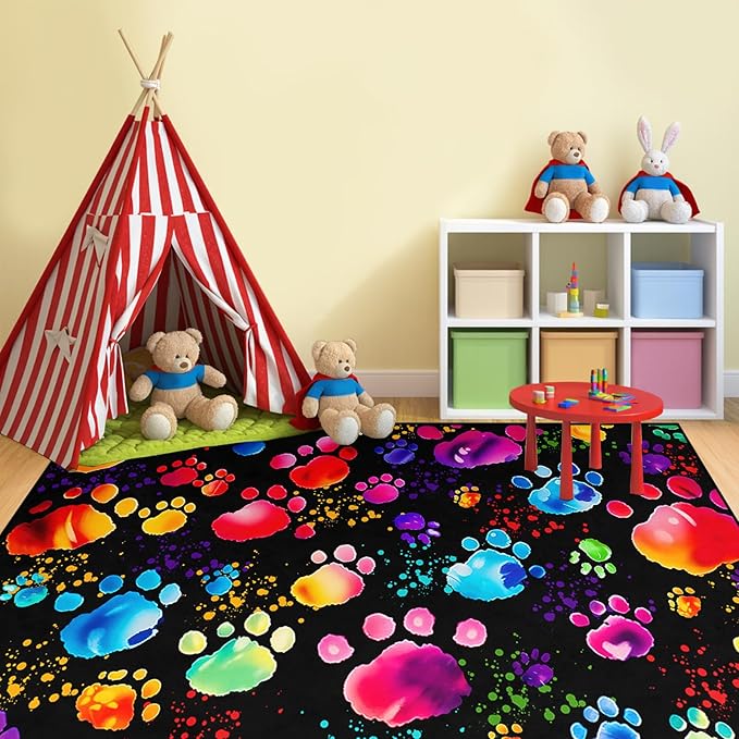 Paw Print Rug - Cute Colorful Dog Cat Paw Print Rugs Cartoon Animal Claw Carpet for Kids Bedroom Cute Animal Paw Themed Decorative Carpet for Playroom Soft Decor for Classroom,3'×5'