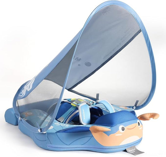 Mambobaby Float Add Tail Baby Swim Float with Canopy Solid Pool Infant Swim Trainer Swimming Training Lying Air Free Water Floats Non-Inflatable Waist Swim Ring for Toddlers (Crab - Blue)