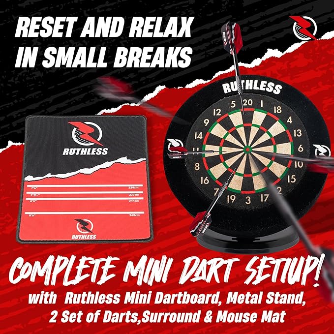 Ruthless Miniature Desk Top Dart Board Set for Home and Office - Includes Mini Steel Tip Darts, Choice of Surround and Mouse Mat