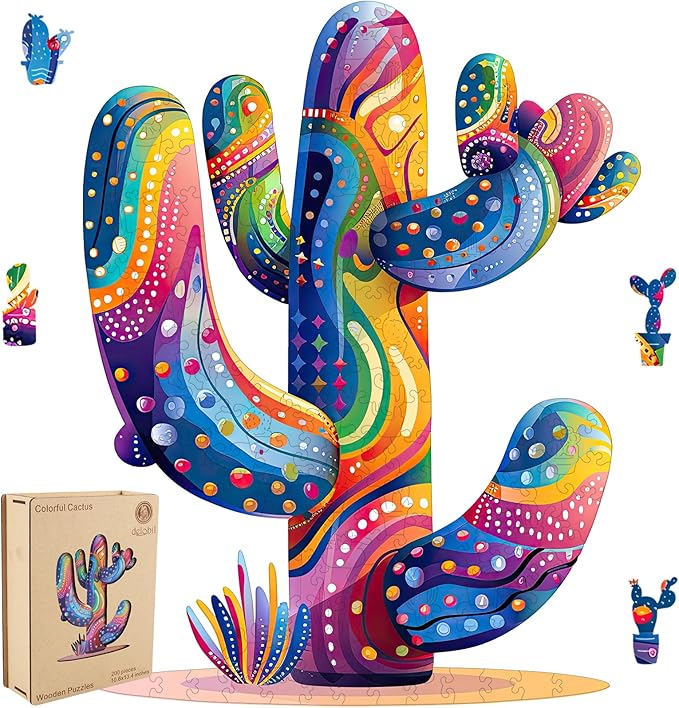 Colorful Cactus Wooden Puzzles, 300 Pieces Jigsaw Puzzles 12.2'' x15.4'', Unique Design Liberty Wooden Puzzles for Adults and Kids, Family Game Gift Royal Size