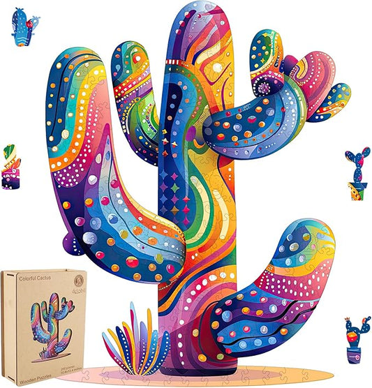 Colorful Cactus Wooden Puzzles, 300 Pieces Jigsaw Puzzles 12.2'' x15.4'', Unique Design Liberty Wooden Puzzles for Adults and Kids, Family Game Gift Royal Size