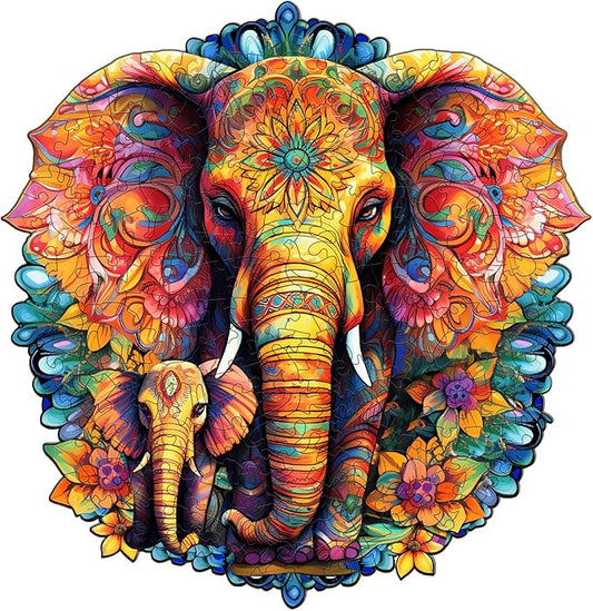 Wooden Puzzles for Adults, Mandala Elephant (M-200pcs) Wooden Jigsaw Puzzles Kids, 9.6 * 9.3in Unique Shaped Animal Wood Puzzles Adults, Fathers Birthday Family Games