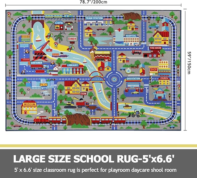 Capslpad Kids Rug 6'6" x 5'0" Educational Learning Kid Play Area Rug Large Traffic Road Cars Rug Play Mat for Kids Toy Nursery Car Carpet for Playroom Living Room Classroom Decor, Blue