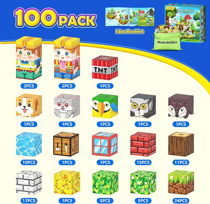 100PCS Magnetic Blocks with Forest Animals Toys, Build Mine Magnet World Set, Magnetic Tiles Building for Boys & Girls Age 4-8 5-7, STEM Montessori Sensory Toys for Toddlers Kids Gifts 3+ Years Old