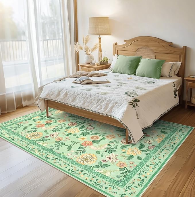 Floral Washable 5x7 Area Rug, Soft Non-Slip Green Rugs for Girls Bedroom Low Pile Flower Birds Living Room Rug, Non-Shedding Botanical Indoor Carpet for Nursery Playroom Dining Room