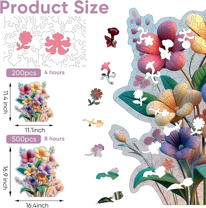 Colorful Flower Bouquet 500 Pieces Wooden Jigsaw Puzzles for Adults Unique Irregular Shape Fun Challenging Puzzles for Kids and Couples on Birthday, Father's Day, Christmas 16.4”x16.9”