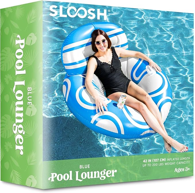 Sloosh Inflatable Pool Floats Lounger - Pool Floaties Blow Up Air Sofa Floating Chair with Big Backrest, Heavy Duty River Tubes Summer Lake Beach Water Float Raft Floaty for Adults (Blue White)