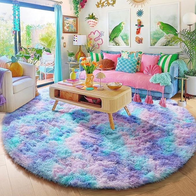 Amdrebio Purple Rainbow Round Rug 5Ft for Bedroom Girls Room Decor, Mermaid Stitch Frozen Kids Rugs for Playroom Nursery Dorm, Fluffy Fuzzy Cute Shag Carpet, Kawaii Circle Area Rugs for Baby Toddler