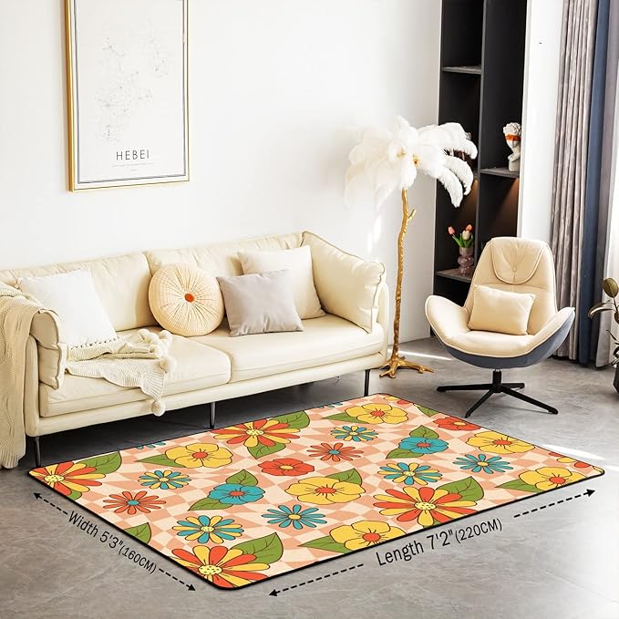 Erosebridal Girls Kawaii Vintage Floral Area Rug 5x7,Cute 70S Groovy Flowers Decorative Rug Teen Women Hippie Aesthetic Retro Pink Abstract Checkered Colorful Non Slip Carpet